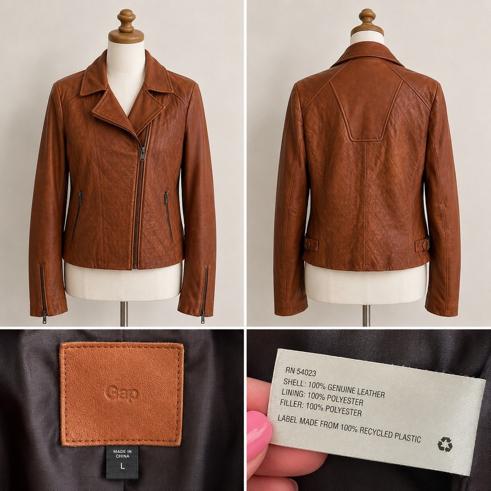 Gap Leather Moto Jacket Womens L Brown Quilted Biker Asymmetrical Zip Cognac